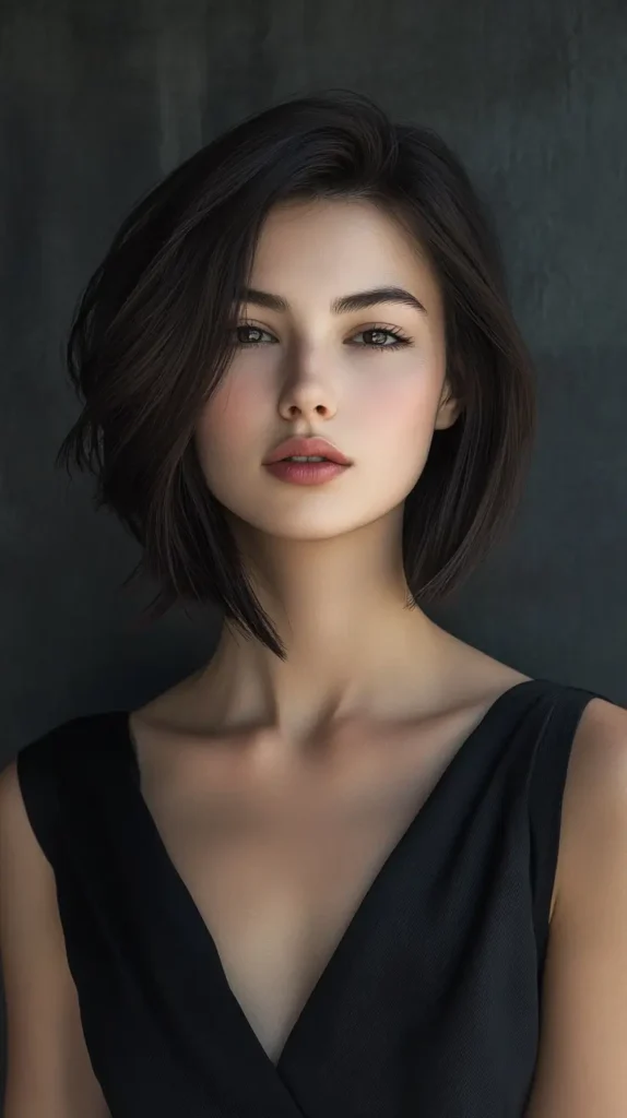 Shoulder-length dark brunette bob haircut with a deep side part, voluminous roots, and soft waves.