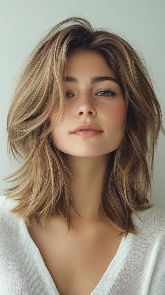 Shoulder-length layered lob haircut with face-framing pieces, textured ends, and highlights creating a voluminous, modern look.