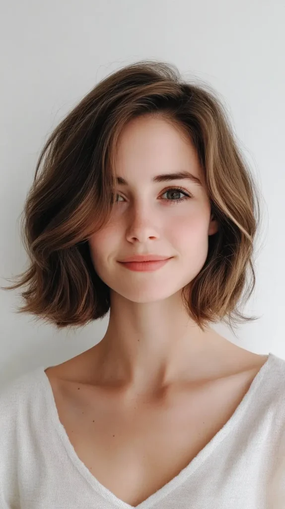 Chin-to-shoulder length medium brown bob haircut styled with tousled, natural waves and volume.