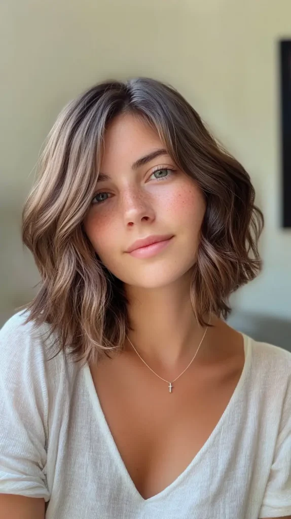 Shoulder-length medium brown bob haircut with soft beachy waves, subtle highlights, and an off-center part.