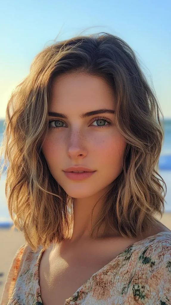 Shoulder-length light brown highlighted hair styled with defined, textured S-waves, volume, and a center part.
