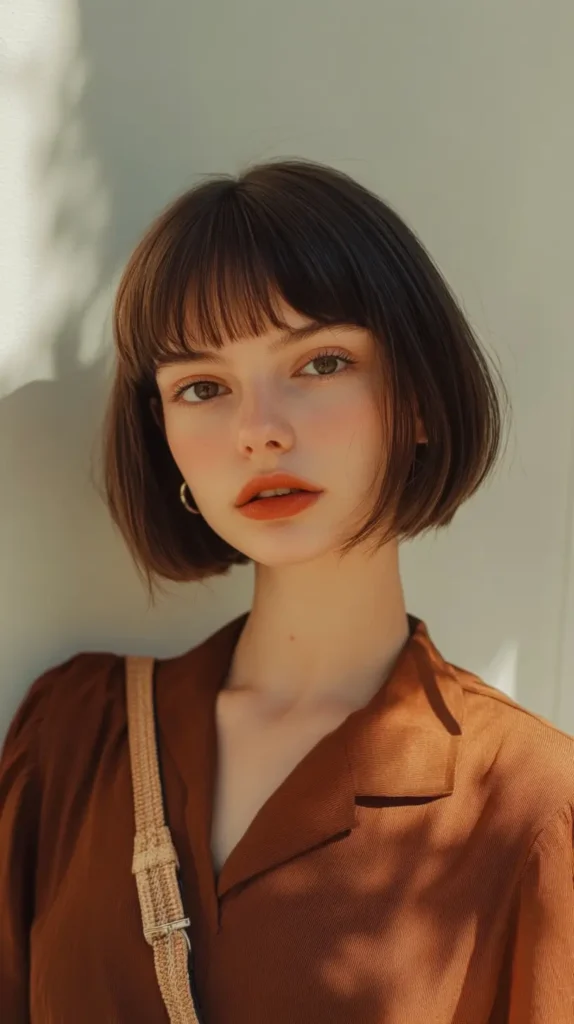 Chin-length classic brown bob haircut with a full, straight fringe and smoothly rounded ends.