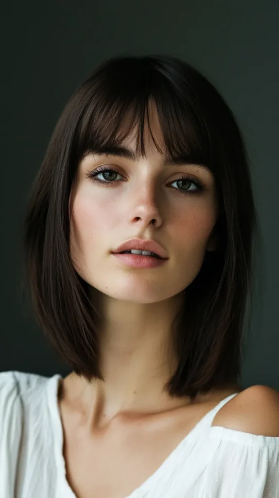 Dark brown bob haircut below the chin with a textured fringe and soft internal layering.