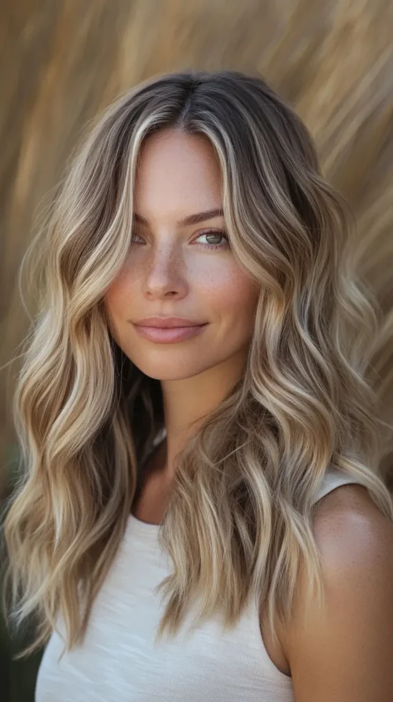 Shoulder-length dimensional blonde hair with center part and face-framing highlights, styled in defined, loose waves.
