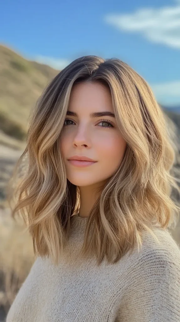 Shoulder-length wavy lob haircut with a dark shadow root blending into dimensional blonde ends, styled with soft waves.