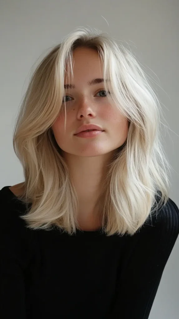 Shoulder-length bright blonde hair with center part, long face-framing curtain bangs, and soft layers. 
Shoulder Length Hairstyles
