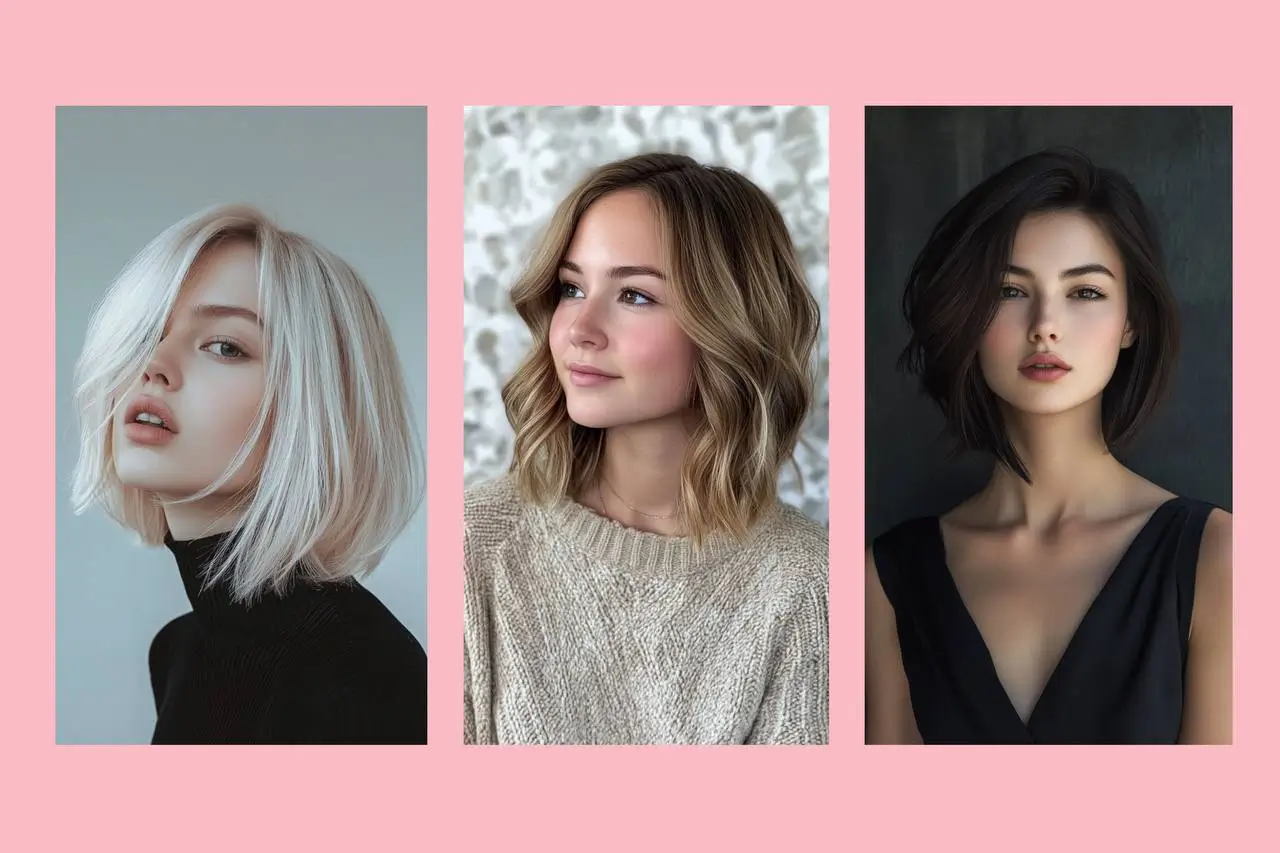 Shoulder length hairstyles inspiration: collage featuring a blonde bob, wavy brown lob, and dark wavy shoulder-length cut.