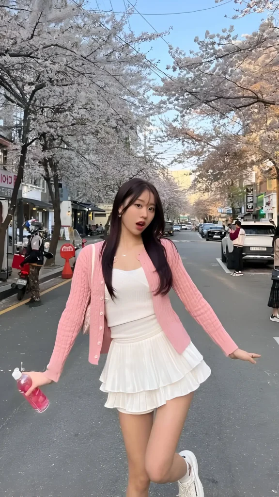 Young woman wearing a pink knit cardigan, white top, and white tiered ruffled mini skirt with sneakers under cherry blossom trees