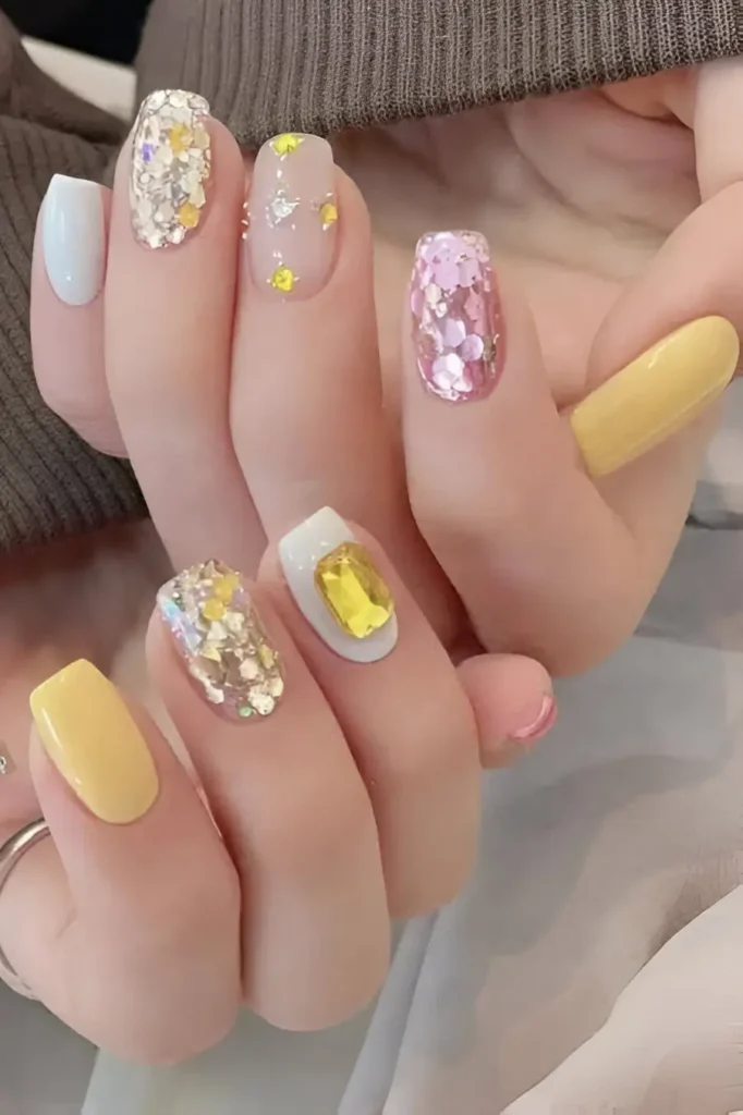 Hands showing a mix-and-match manicure including solid yellow nails, chunky glitter nails, foil flake nails, and a nail with a large yellow gem.
