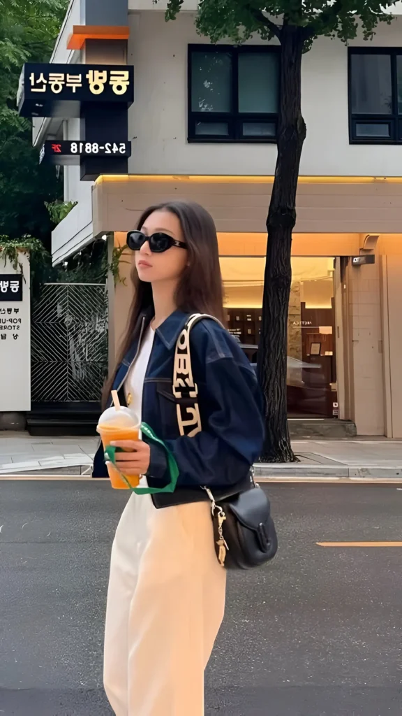 Showcasing popular Korean outfit ideas: Woman pairs dark denim jacket and white top with light trousers, sunglasses, and crossbody bag outdoors.