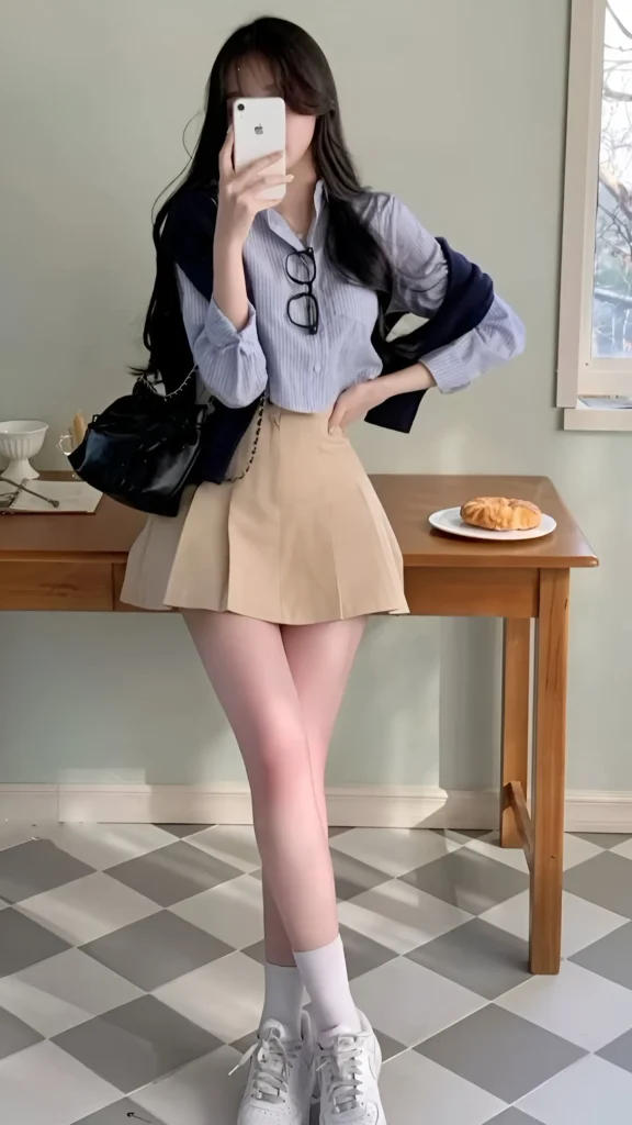 Woman wearing blue striped shirt, beige pleated mini skirt, dark sweater draped over shoulders, white socks and sneakers indoors