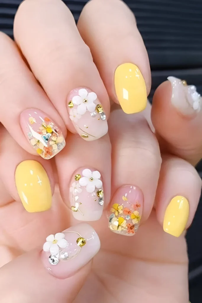 Manicure with solid pastel yellow nails mixed with sheer nails decorated with 3D white flowers, gold beads, rhinestones, and colorful confetti glitter.