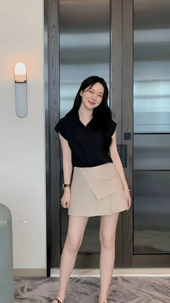 Woman wearing black sleeveless collared shirt and a beige asymmetric wrap mini skirt with simple sandals indoors