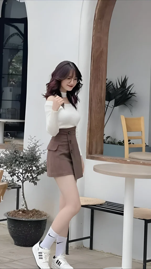 Woman wearing white off-the-shoulder cutout top, brown wrap mini skirt, glasses, white athletic socks, and sneakers outdoors