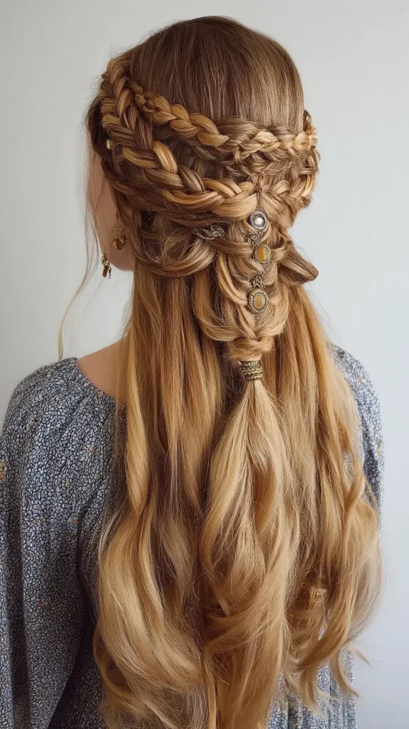 Back view of long wavy blonde hair styled with an elaborate crown braid and central braided details adorned with ornate accessories.