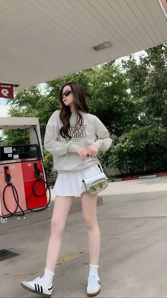 Woman wearing grey graphic sweatshirt, white pleated mini skirt, sunglasses, white socks, and sneakers holding a handbag outdoors