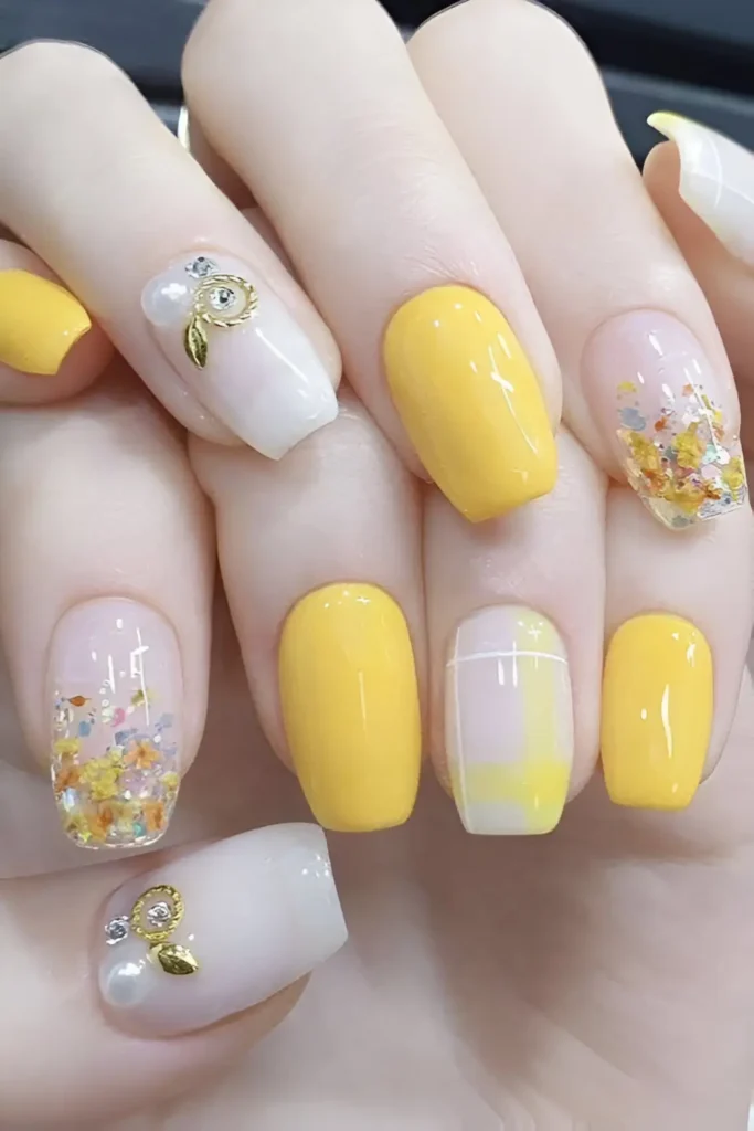 Short nails with a mix of solid yellow, solid white with pearl/gold gems, sheer nails with confetti glitter tips, and a geometric colour-block nail with yellow.