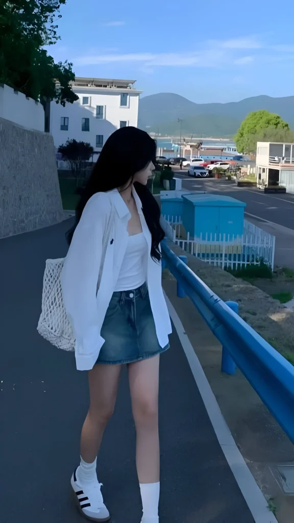 Woman wearing open white oversized shirt over white tank top and denim mini skirt with socks, sneakers, carrying white mesh tote bag outdoors