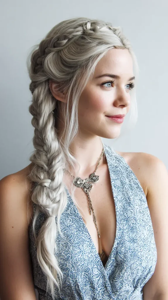 Woman with long platinum blonde hair styled with crown braids leading into a very thick, voluminous fishtail braid over one shoulder.