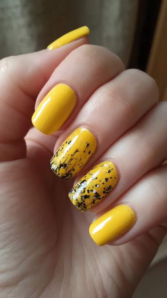 Medium rounded nails painted bright yellow, with two accent nails featuring a black paint splatter effect over the yellow base.