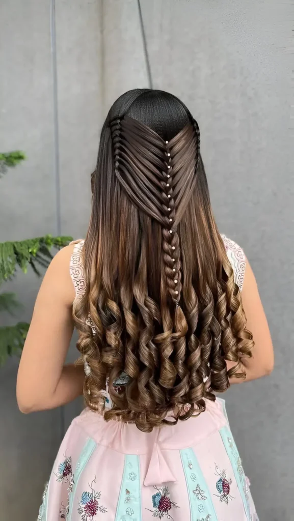 Back view of long, two-toned hair styled in a half-up look featuring an intricate zipper braid in a V-shape adorned with pearls, above defined curls.
