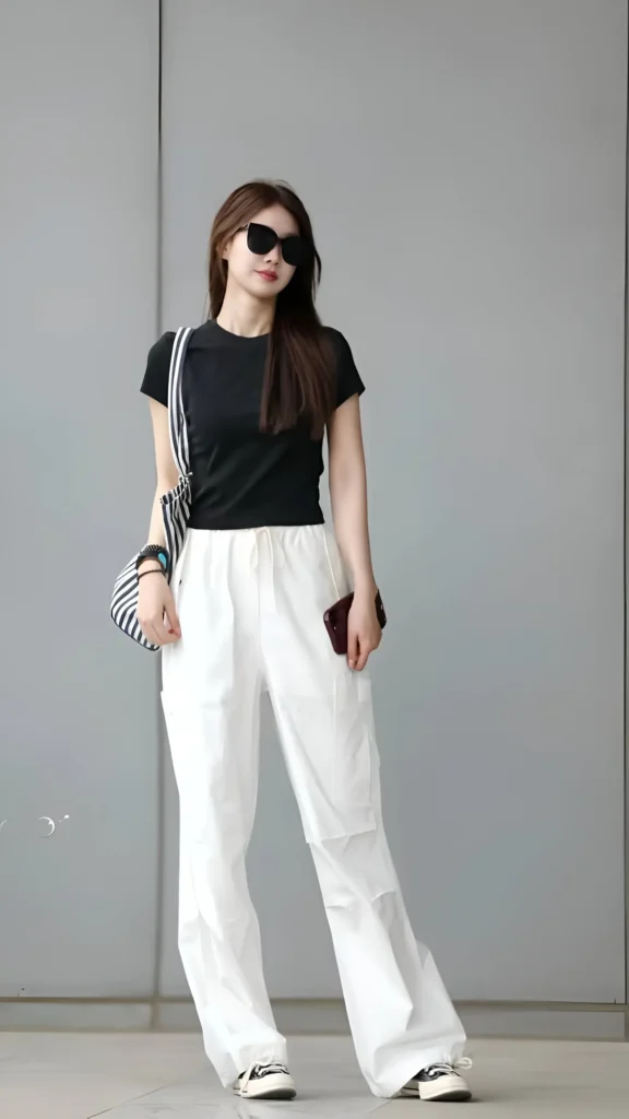 Woman wearing black t-shirt tucked into white wide-leg cargo trousers with sneakers, sunglasses, and a striped shoulder bag outdoors