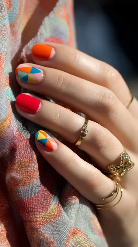 Short nails with a mix of solid orange, solid red, and accent nails featuring a geometric colour-block pattern with yellow, blue, orange, and pink sections.