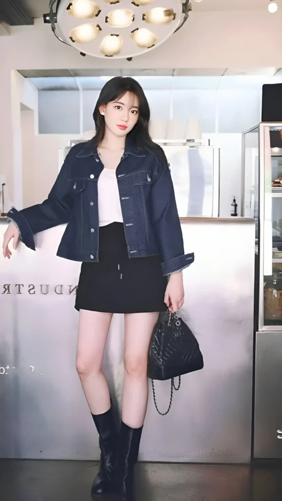 Woman wearing dark wash denim jacket, white top, black mini skirt, and black mid-calf boots, carrying a black quilted bag indoors