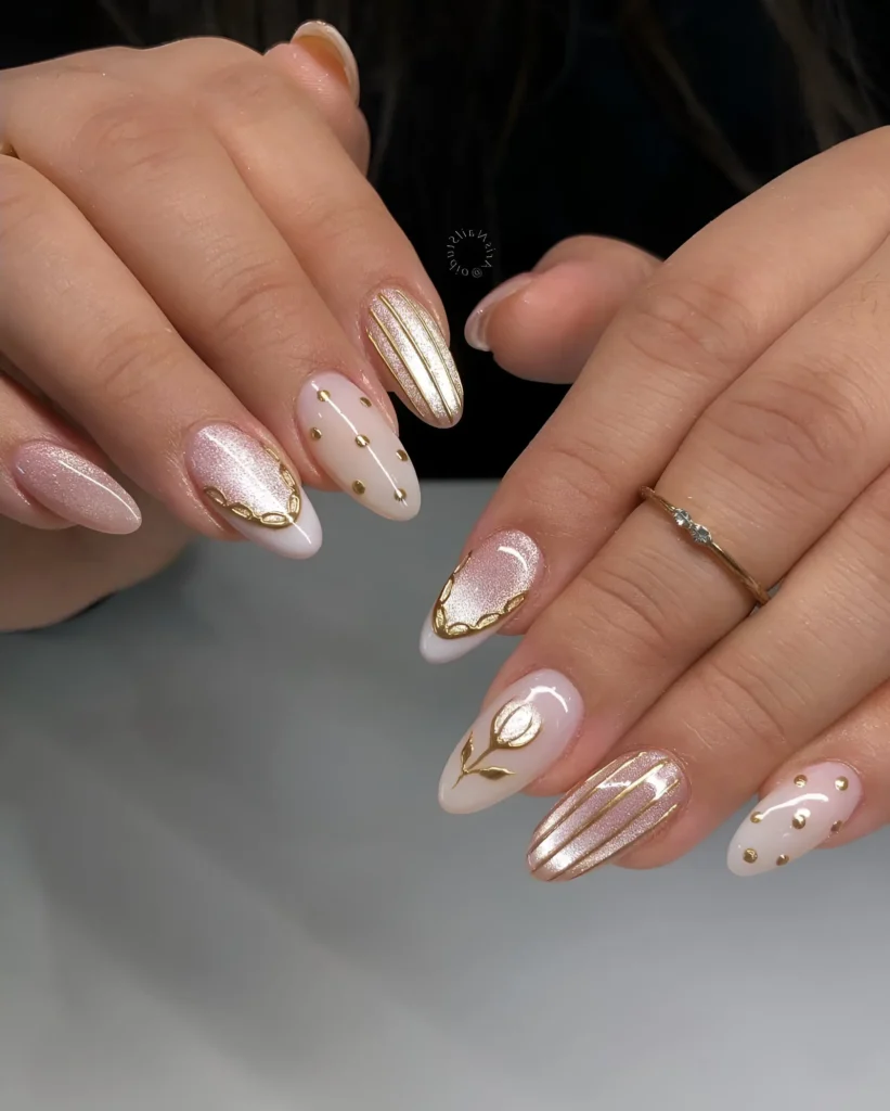 Chic almond nails with textured gold designs (lines, dots, floral) over a milky neutral base.
