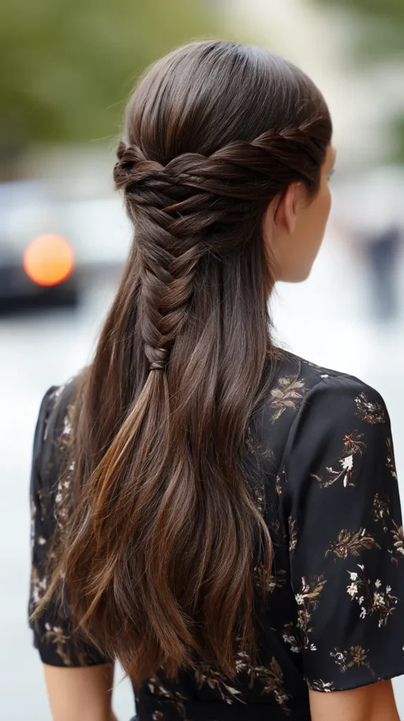 Back view of long dark brown hair in a half-up style featuring side twists leading into a central fishtail braid.