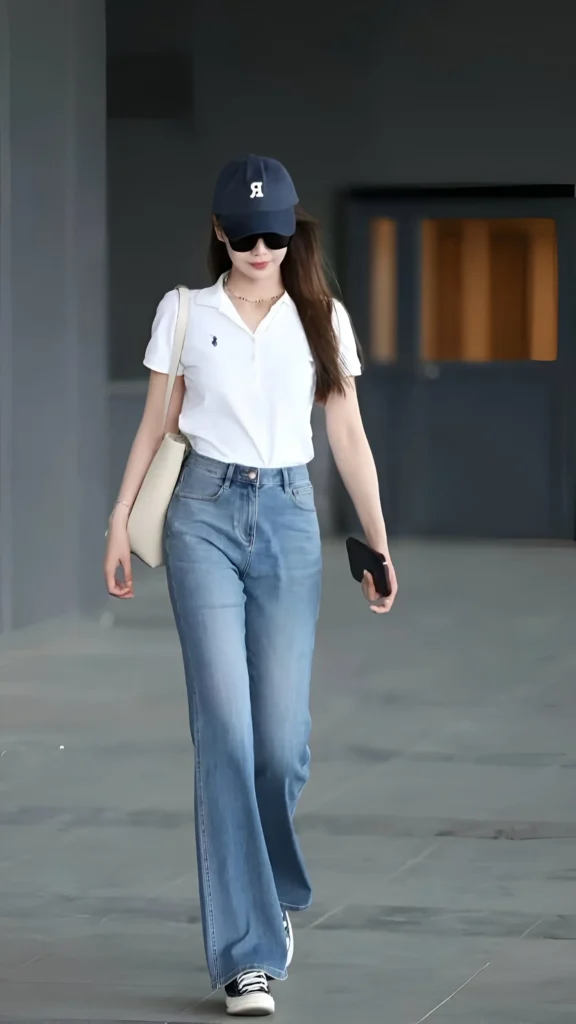 Woman wearing white polo shirt tucked into medium-wash flare jeans with a navy baseball cap, sunglasses, sneakers, carrying white shoulder bag outdoors