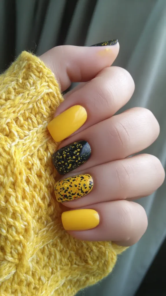 Medium nails against a yellow sweater, featuring solid bright yellow nails mixed with accent nails: one black with yellow speckles, one yellow with black speckles.