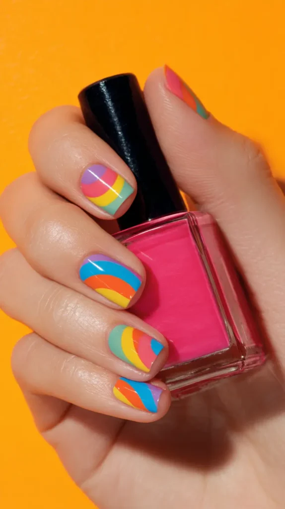 Short nails with a colourful pattern of horizontal wavy stripes including yellow, blue, orange, and pink, shown holding a bottle of pink polish.