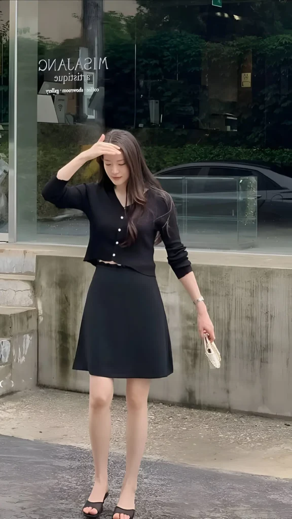 Woman wearing a black cropped cardigan and matching black A-line mini skirt with black heeled sandals, holding a small white clutch outdoors