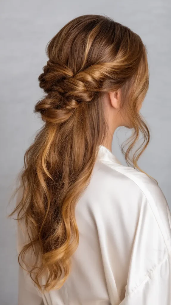 Side-back view of long wavy hair in a romantic half-up style created with interwoven twists forming a soft knot.