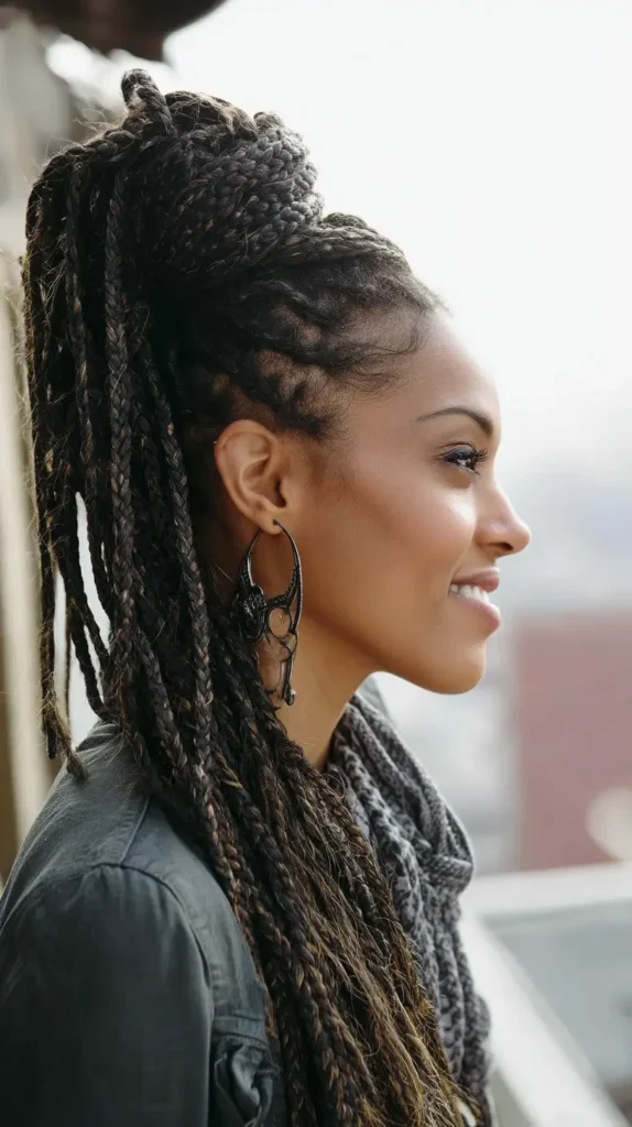Profile view of a woman with long box braids styled into a high ponytail with a wrapped base.