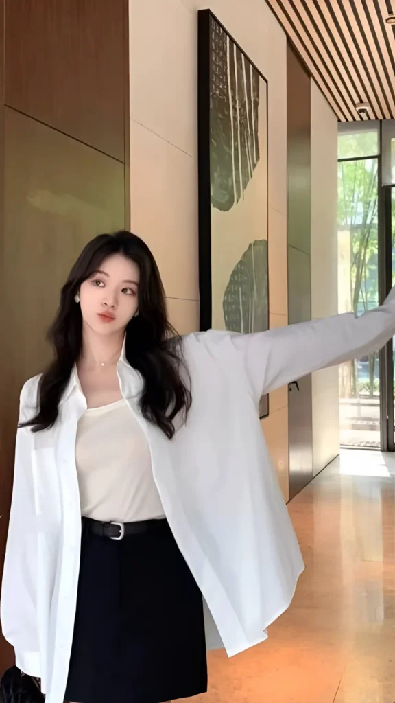 Woman wearing an open white oversized shirt over a cream tank top and a belted black mini skirt indoors