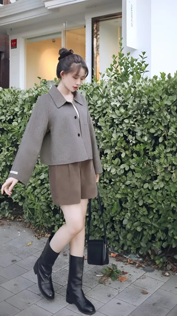 Woman wearing a brown textured cropped collared jacket and matching shorts with black mid-calf boots and a black crossbody bag outdoors