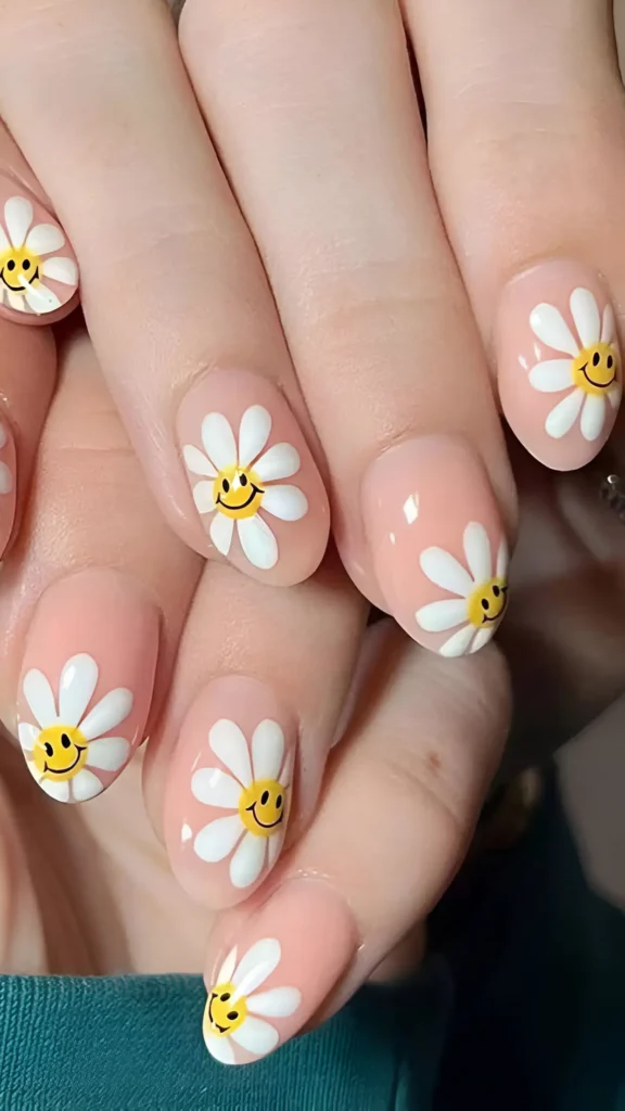 Short natural nails with a sheer base, painted with white daisy flowers that have yellow smiley faces as centers.