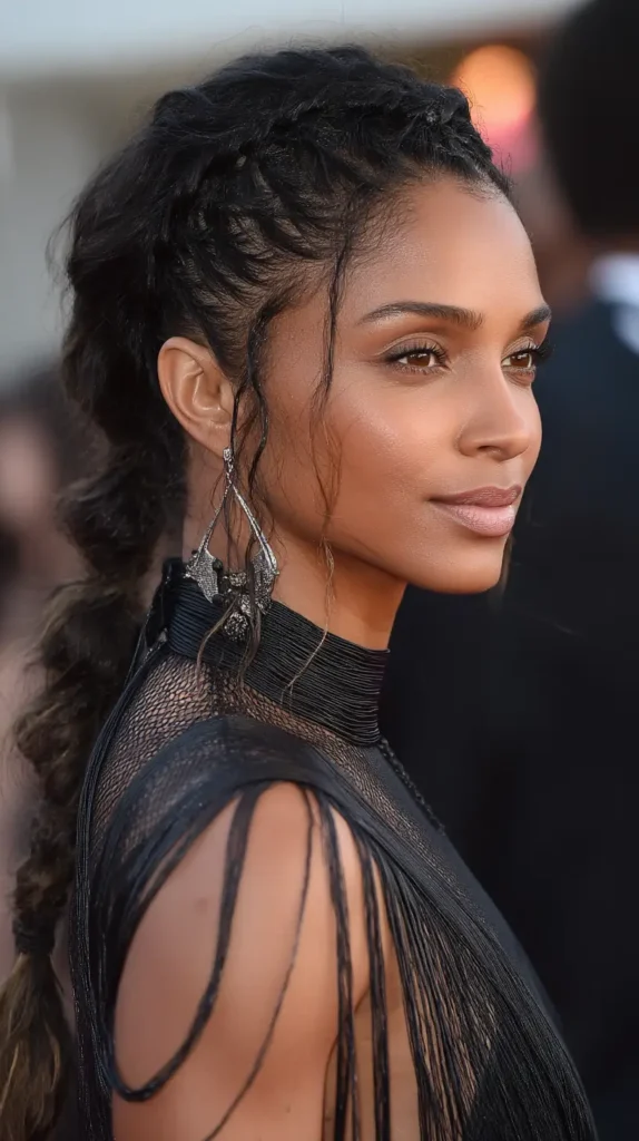 Profile view of a woman with dark textured hair featuring scalp braids leading into a low, deconstructed segmented ponytail braid with face-framing tendrils.
