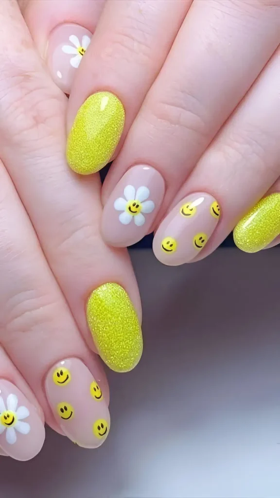 Short oval nails with a mix of bright yellow textured polish, sheer nails with scattered yellow smiley faces, and sheer nails with white daisies having yellow smiley centers.