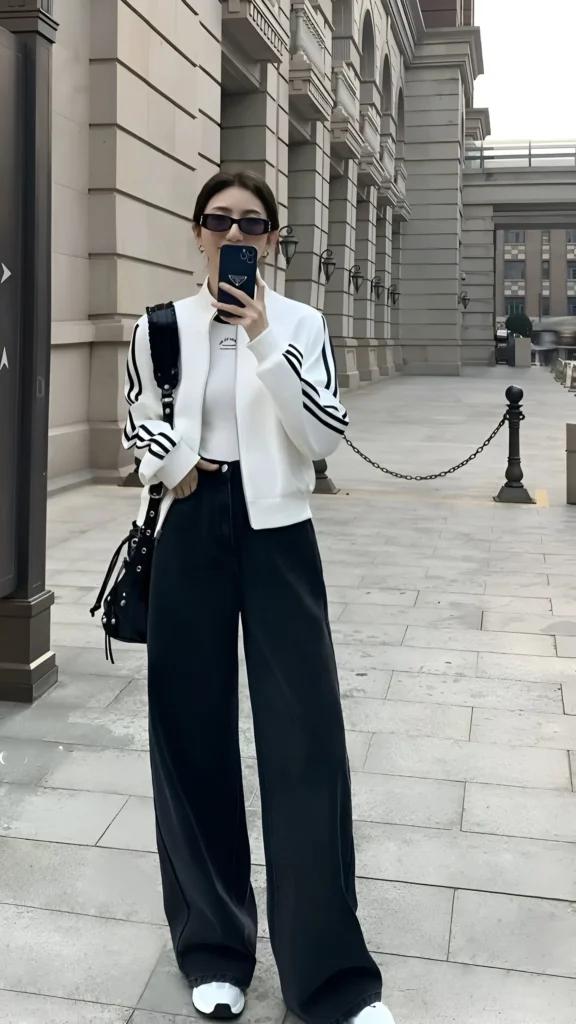 Woman wearing white track jacket with black stripes, white crop top, black wide-leg jeans, sunglasses, and white sneakers taking selfie outdoors