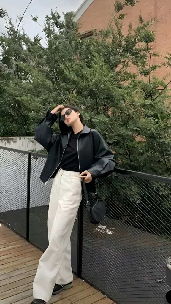 Woman wearing a black leather-look jacket over a black top with wide-leg white trousers, sunglasses, and black sneakers outdoors