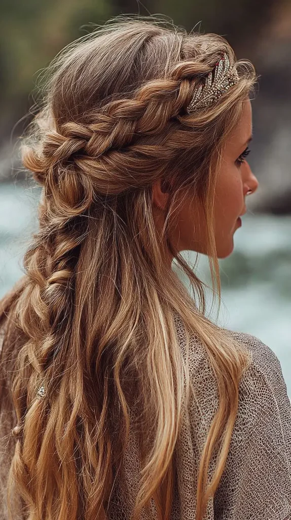 Side-back view of long wavy light brown hair styled with a thick crown braid featuring a sparkly hair vine accessory, in a boho half-up look.