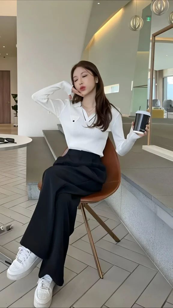 Woman wearing a fitted white collared long-sleeve top tucked into black wide-leg trousers, with white sneakers, sitting indoors