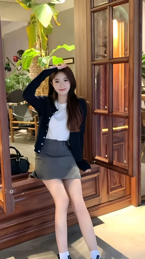 Woman wearing a black cardigan over a white t-shirt with a grey mini skirt, white socks, and white sneakers sitting indoors