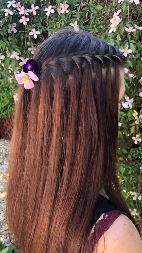 Side-back view of long straight brown hair with a horizontal waterfall braid accented with fresh purple and pink flowers.