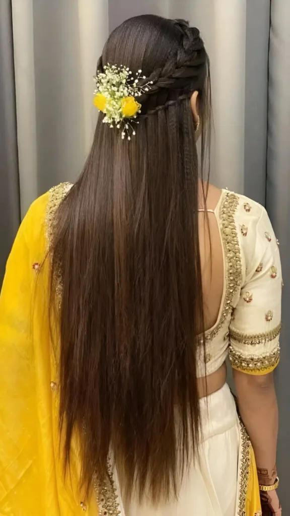 Back view of long dark straight hair in a half-up style featuring a headband braid accented with baby's breath and a yellow flower.