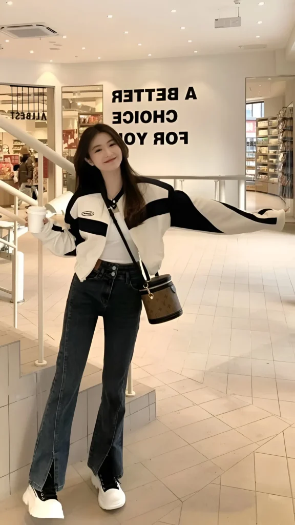 Woman wearing a white and black sporty cropped jacket over a white top with dark wash flare jeans featuring a split hem, carrying a crossbody bag, wearing platform sneakers indoors