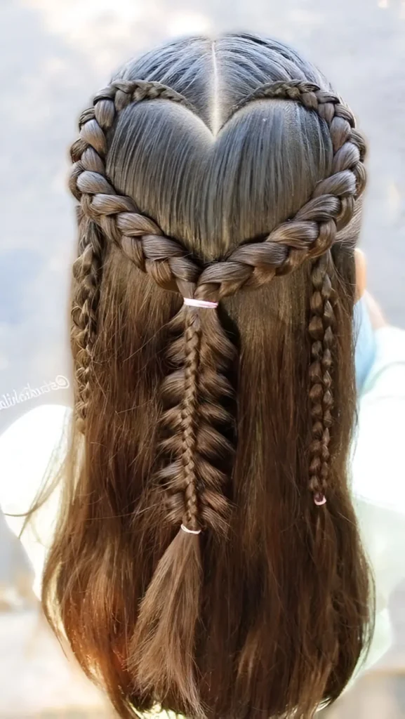 Back view of long brown hair styled with two Dutch braids forming a heart shape, with a central fishtail braid below.